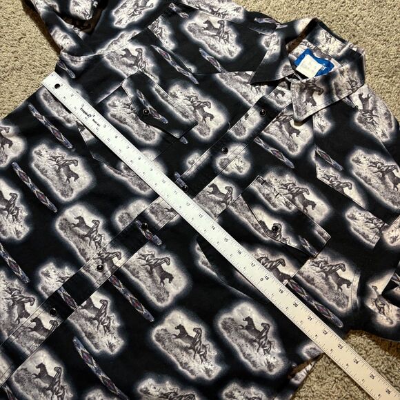 VTG Wrangler Brushpopper Western Shirt Pear Snap Horse Pattern Long Sleeve Men L - Picture 6 of 7